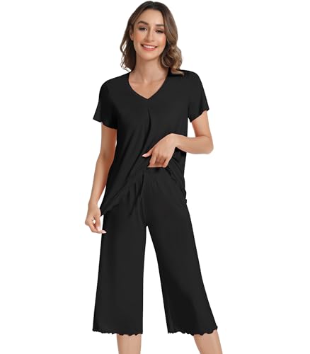 Image of NACHILA Women's Pajama Sets Cooling Bamboo Viscose V-Neck Top & Capri Pants | Lightweight, Breathable, Moisture-Wicking, Buttery Soft, Ideal for Hot Sleepers, Night Sweats and Hot Flashes, Sleep & Lounge