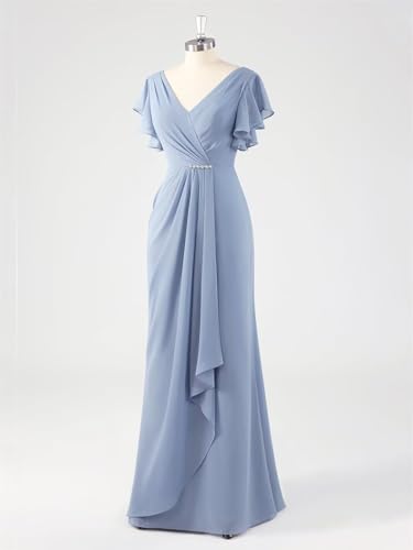 Modest Mother of The Bride Dresses with Sleeve Ruched V Neck Formal Wedding Guest Dress3