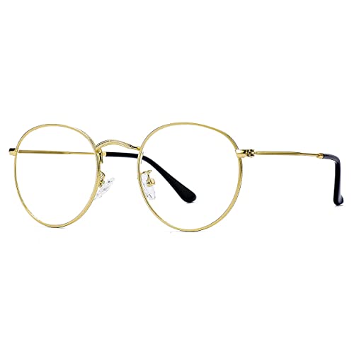 Image of Clear Glasses for Women Men, Classic Round Metal Frame Clear Lens Fake Glasses (Gold)