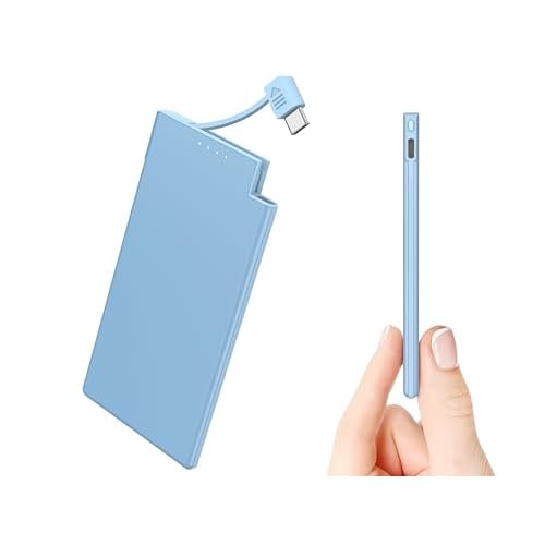 Auskang Portable Charger with Built in Cable USB-C 5000mAh Slim Power Bank Compatible with Samsung, Google Pixel, Android Phones, iPhone16 15 Series etc, Thin Battery Pack USB-C Cable (Blue)