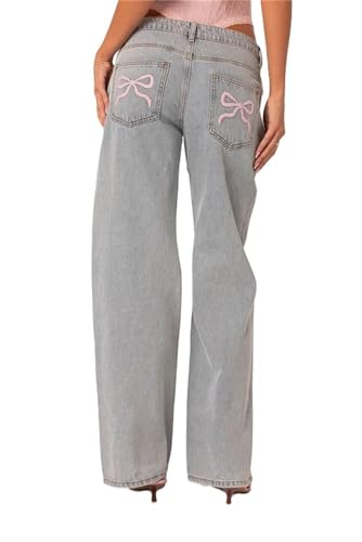 Yuemengxuan Women Y2k Low Rise Baggy Denim Pants Teen Girls Cute Bow Tie Wide Leg Jeans Casual Loose Jeans Party Streetwear