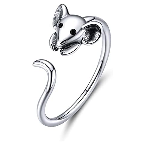 Qings Cute Mouse Ring 925 Sterling Silver Cubic Zirconia Open Ring, Adjustable Animal Wrap Ring Jewelry Gift for Women Cover