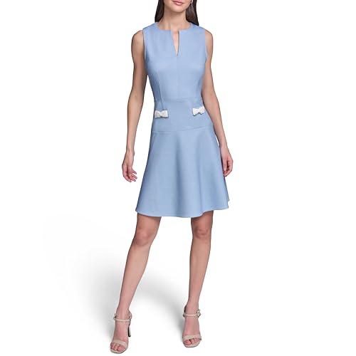 Image of Karl Lagerfeld Women's Sleeveless Split Neck Printed Ponte Fit and Flare Pearl Embellishments Dress