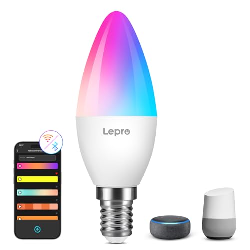 Lepro AI Smart Glühbirne BC1, 4.9W 470LM Glühbirne E14 Dimmbar, Personalisierter KI-Lichtdesigner, RGB+CCT, Kompatibel mit Alexa/Google, Sprachsteuerung/Musik Sync, WiFi & Bluetooth, 1 Stück