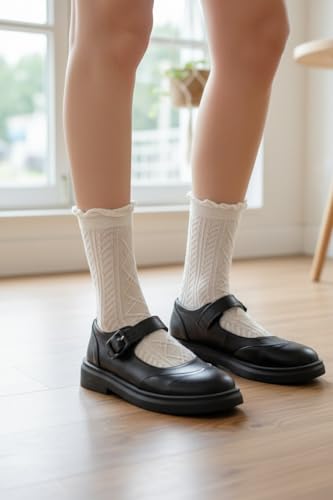 Image of Opa! Women White Lace Ruffles Socks Cottagecore Floral Frilly Sock Thin Cotton Summer Crew Socks -Soft Breathable.