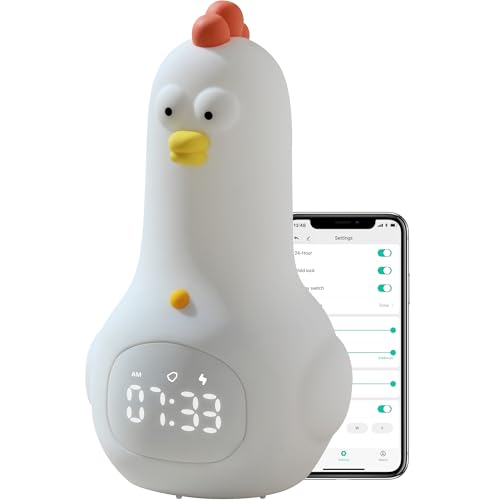 YUN FROG Kids Alarm Clock with Night Light, Bluetooth APP Control, Toddler Sleep Trainer, OK to Wake Up Light Silicone Touch Multi-Color Lights for Bedroom Decor, Cute Cock