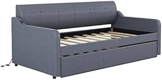 FAVSH Daybed with Trundle and USB Charging Design, Twin Size Upholstery Day Bed Frame, Trundle can be Flat or erected,Grey