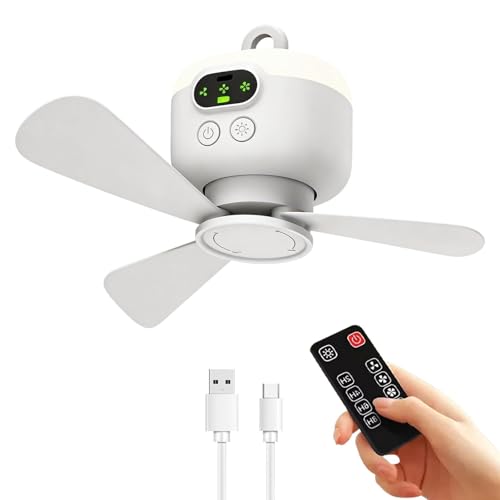 Ventilateur de Camping Lumière, USB Ventilateur de Plafond Avec Télécommande, Lampe de Camping LED Avec Ventilateur Rechargeable, 8000mAh Silencieux, 3...
