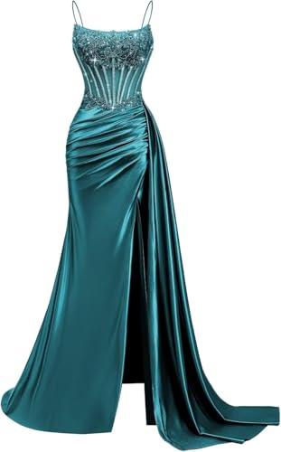 Beaded Prom Dress for Women 2026 Long Satin Mermaid Evening Dress Lace Appliques Corset Formal Party Gown with Slit Peacock