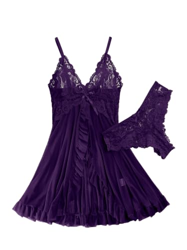 Image of Foxiny Sexy Ruffle Sheer Mesh Lace Wireless Babydoll Lingerie Dress with Thong 2 Piece