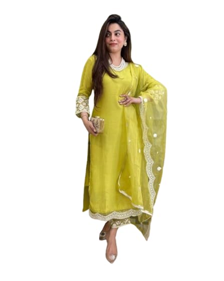 Kurta pantalon brodé jaune citron ensemble ethnique femme coton Chanderi S