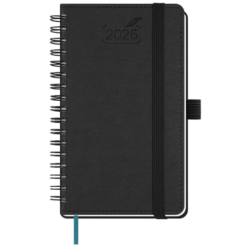 BEZEND Agenda 2026 Semana Vista Pequeña de Bolsillo 9 x 15,5 cm, Agenda Semanal A6 en Espiral, 12 Meses de Ene a Dic 2026, Tapa Blanda en Cuero PU, Negro