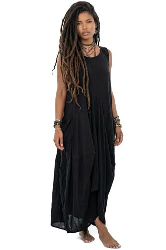 Thaluta Women's Boho Cotton Sleeveless Dress Casual Loose Fit Maxi Dress with Big Pockets Fair Trade Light Summer Sundress (US, Alpha, One Size, Regular, Regular, Black)
