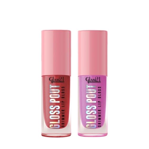 Image of Glam21 Gloss Pout Shimmer Lip Gloss| High Shine |Glossy Finish |Soft & Hydrating Lips | Non-sticky texture | Lightweight | Glass-like shine | 7gm | Pack Of 2 (Crimson Kiss & Pink Seduction)