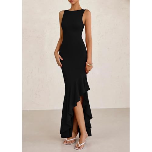 AOWVUTS Damen Abendkleid Elegant Ballkleid Lange Rüsche Schlitz Meerjungfrau Bodycon Kleid Hochzeit Festlich Hi-Lo Sexy Partykleid Maxi Ärmellose Cocktailkleid Brautjunferkleid