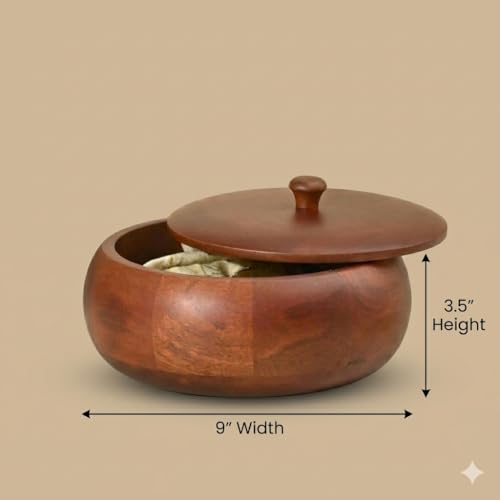 Image of Wooden Chapati Box with Lid | Roti Box for Kitchen Storage & Serving | Wooden Roti Container for Chapati, Paratha & Snacks | Round Wooden Bread Box (Natural Finish)