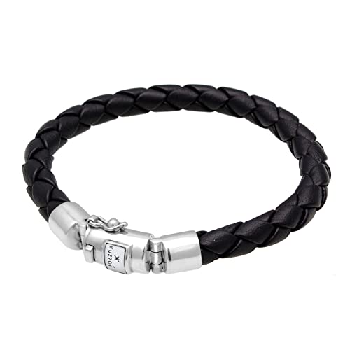 kuzzoi Men Bracelet Leather Braided Black Solide with Clasp Made of 925 Sterling Silver, Length 7,48 inch - 9,05 inch, Width 0,39 inch, 0.71 oz2