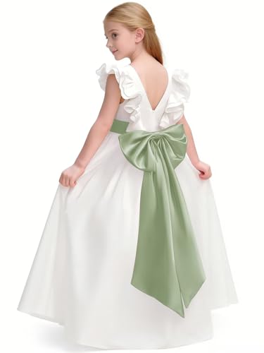 Nuopbb V-Back Neckline Flower Girl Dress for Wedding Guest Kids Sage Green Satin Bow Flutter Sleeves Junior Bridesmaid Dresses Floor Length Pageant Birthday Party Gown，6t