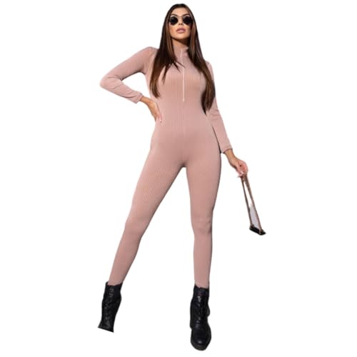 Macacão Longo Canelado Zíper Moda Gringa (Nude)