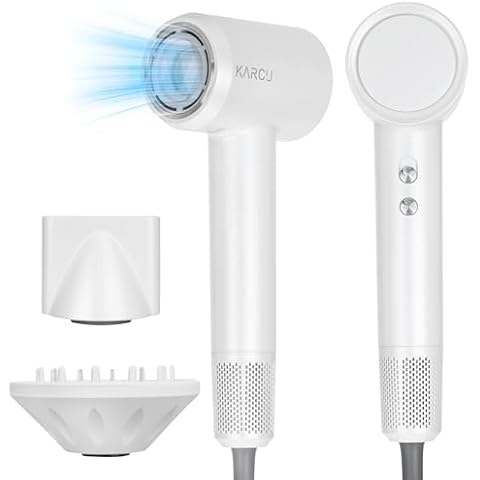 KARCU Ionic Hair Dryer with Diffuser and Concentrator, Compact Blow Dryer with 4 Heat and 2 Airflow Settings, 120000 RPM High Speed Motor, White Cover