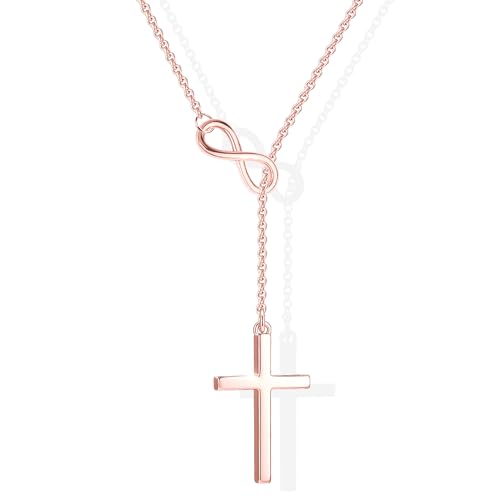 Poxtex Rose Gold Cross Necklace for Women Dainty Trendy 14K Gold Plated Jewelry Long Y Necklace Sideway Cross Non Tarnish Waterproof Christian Religious Baptism Faith Jewelry Easter Gift