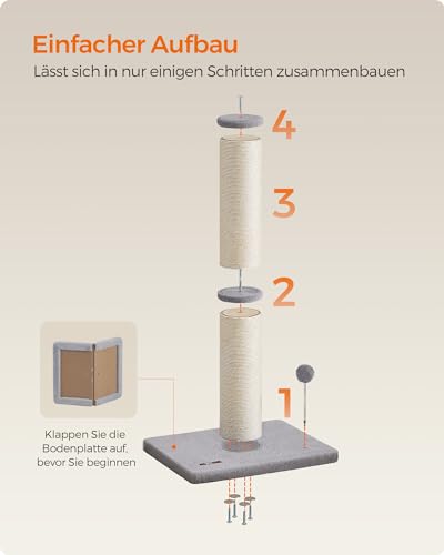 Feandrea Kratzbaum, 85 cm hoch, Kratzsäule XL, 13 cm Dicker Stamm, Katzenbaum, Kratzstamm für mittelgroße und große Katzen, Sisalstamm, mit Plüschball und Glocke, Taubengrau PCA041G01