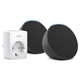 Echo Pop | Antracita, pack de 2 + Tapo P100MA - Matter Mini enchufe inteligente, Compatible con Alexa - Kit de inicio de Hogar digital