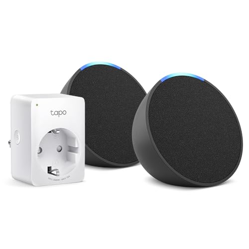 Echo Pop | Antracita, pack de 2 + Tapo P100MA - Matter Mini enchufe inteligente, Compatible con Alexa - Kit de inicio de Hogar digital