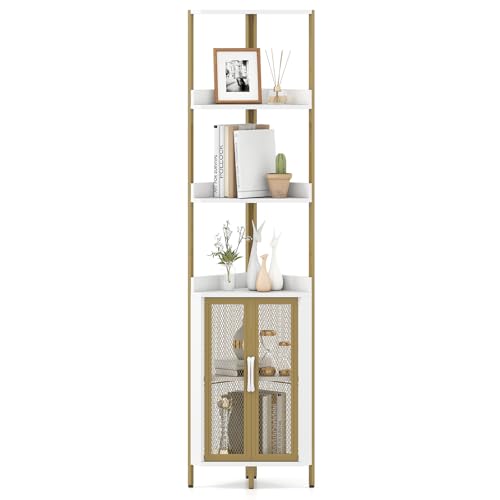 COSTWAY 6-Tier Industrial Corner Shelf, Tall Storage Bookshelf with Door Cabinet, Freestanding Bookcase Display Shelving Unit for Home Office (Gold + White, 32 x 32 x 170 cm)