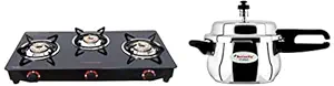 Butterfly Smart Glass 3 Burner Gas Stove, Black&Butterfly Curve Stainless Steel Outer Lid Pressure Cooker, 3 Litre&Butterfly Jet Elite 750-Watt Mixer Grinder with 3 Jars (Grey)