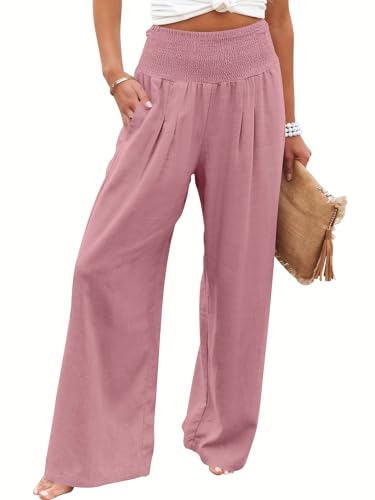 Image of ANRABESS Women Linen Palazzo Pants Summer Boho Wide Leg High Waist Casual Lounge Pant 2026 Beach Travel Vacation Outfits