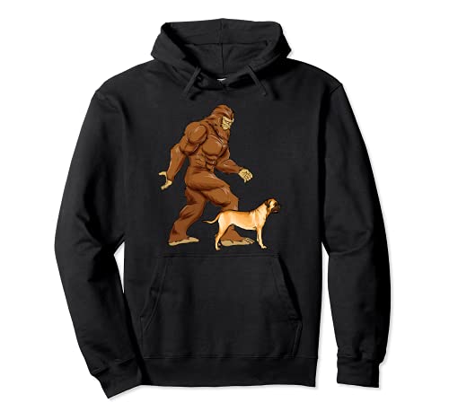 Funny Bigfoot Walking Bullmastiff Sasquatch Dog Pullover Hoodie, Black
