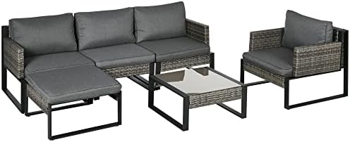 Pouf Rattan Beeveer 2 Pezzi - Poggiapiedi E Tavolino Con Cuscini Rimovibili Grigio - Foto 7