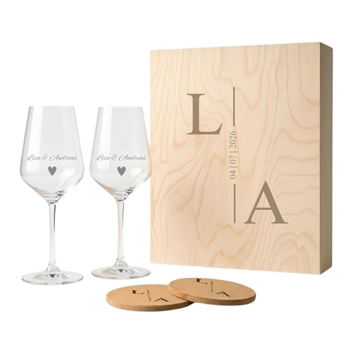 Weinglas Set Paar personalisiert mit Namen Gravur – 2 Weingläser + Holzbox + 2 U