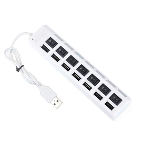 USB Hub 7-Port USB 2.0 Hub with Individual Power On/Off Switches and LED Light Indicator White