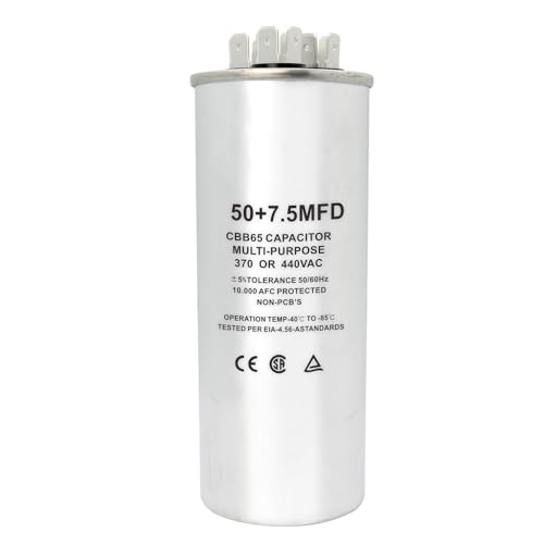 CBB65 Round Dual Run Circular Start Capacitor, 50 + 7.5 uF/MFD ±5% 370V/440VAC Combination Capacitor for Compressor AC Motor Run Fan Start Condenser Straight Cool/Heat