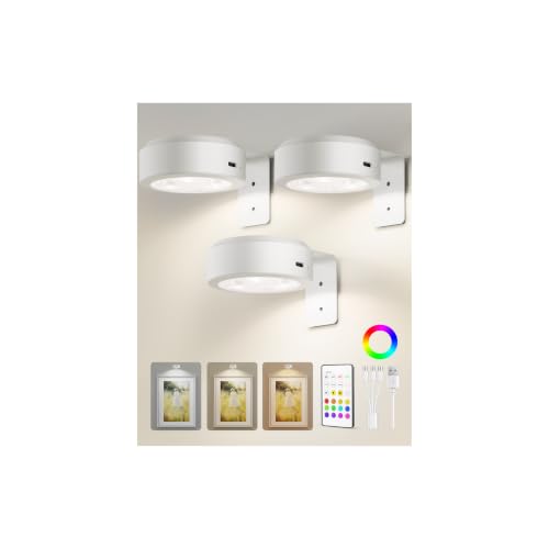 EZVALO Picture Lights for Wall 2000mAh Rechargeable Battery Magnetic Poster Lights with 3 Color Temps & 12 RGB Remote Dimmable Timer Painting Light Wall Decor Light for Art Display Frame (3 Pack)