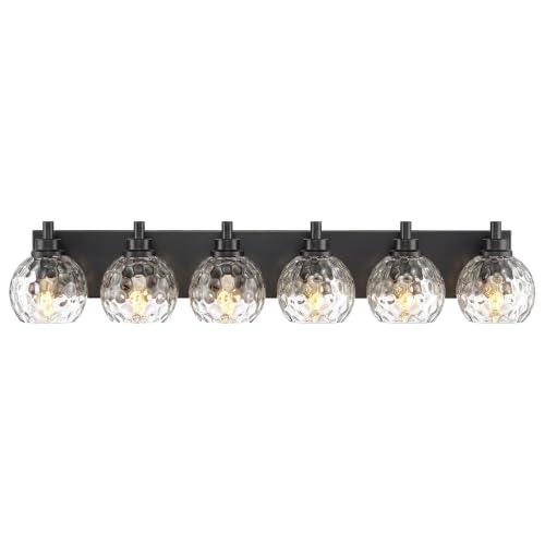 Image of 6-Light Black Bathroom Vanity Light, Hammered Glass Globe Shade | 38 Inch matte black modern bathroom light fixture over mirror, UL listed, E26 bulbs, hardwired, upward only, VL200-MB-CL-6