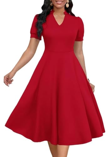 MarryUP Womens Vintage Red Dress Puff Sleeve V Neck A-Line Dress Fit and Flare Church Wedding Guest Work Dresses Red L