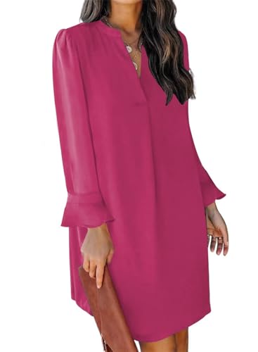 QACOHU Fall Dresses for Women 2025 Casual V Neck Long Sleeves Flowy Mini Tunic Dress