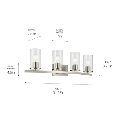 Image of Kichler Crosby 31.25 inch 4-Light Bathroom Vanity Light Fixture with Clear Glass in Brushed Nickel, Modern Wall Mount Lighting for Bathroom Over Mirror (31.25 inch x 8.75 inch), 45498NICLR