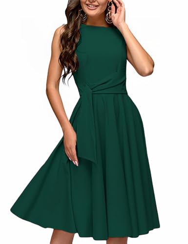 Image of FENJAR Women's Elegance Audrey Hepburn Style Ruched Dress Round Neck Sleeveless Swing Midi A-line Dresses (US, Alpha, Large, Regular, Regular, Green)