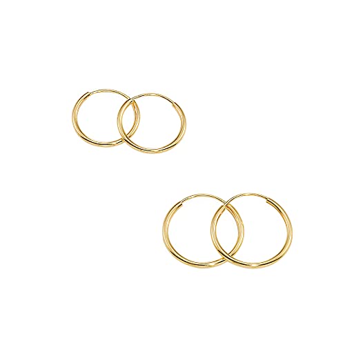 14K Gold Thin Endless Hoop Earring Set, Two Pair or Three Pair Sets of Popular Size Combos, Available in White and Yellow Gold (Yellow Gold 12mm+14mm)