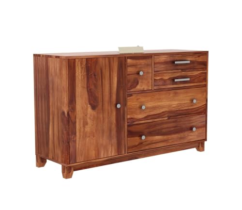 Image of Solid Sheesham Wood Sideboard Cabinet Storage with 2 Door & 4 Drawer Wooden Storage Organizer Cabinet for Home Kitchen Living Room Bedroom Hallway Dinning | Natural Honey Finish | Pre-Assembled