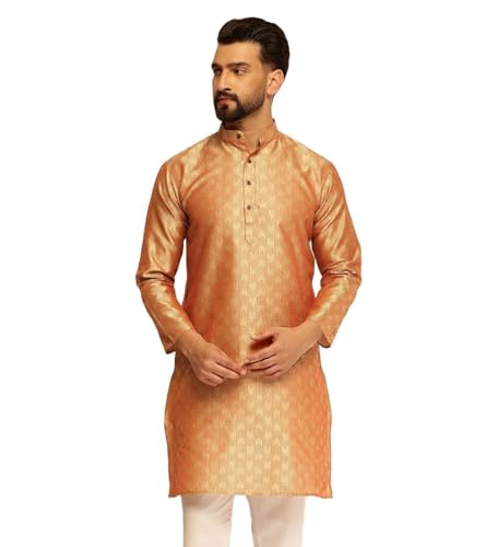Sojanya (Since 1958 Men'S Jacquard Silk Contrast Red Thread Woven Design Orange Long Kurta