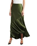 SEBOWEL Women Satin Skirt Silk A Line Swing Ruffle Pleated Cocktail Skirts Silky High Low Tiered Long Maxi Skirt with Split, Green, S
