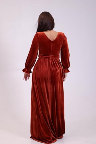 Women's Velvet Bridesmaid Dresses V Neck High Slit A Line Long Sleeves Prom Dresses Formal Gowns with Pockets3