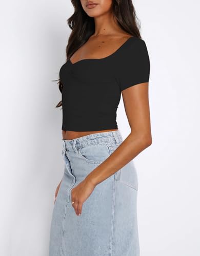 Cioatin Women Cute Sweetheart Neck Short Sleeve Crop Tops Ruched Summer Going Out T Shirt Y2K Clothes Tee Teens2