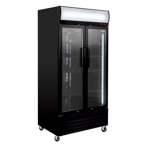 GastroHero Getränkekühlschrank Eco 630 mit Leuchtaufsatz & Klapptüren, 8 verstellbare Böden, 630 L Kühlraum, Glastür, Innenbeleuchtung, Gastronomiebedarf, schwarz für Gewerbe & Gastro