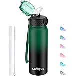 GOPPUS 600ml/20oz Stainless Water Bottle with Straw Double Wall Insulated Bottles with Strap One Hand Open Vacuum Thermal Flask Leakproof Keep Cold Bottles with Flip Top Lid BPA Free (Green Black)